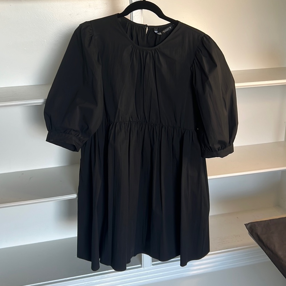 Zara Black Puff Sleeve Empire Waist Mini Dress - L